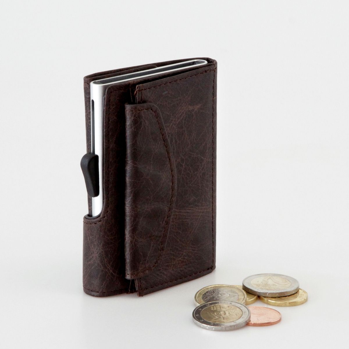 C-Secure Aluminum Card Holder with PU Leather with Coin Pouch - Dark Brown